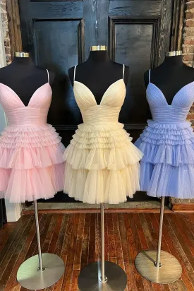 V Neck Straps Ruffle Tiered Tulle Short A-Line Homecoming Dresses VK081303