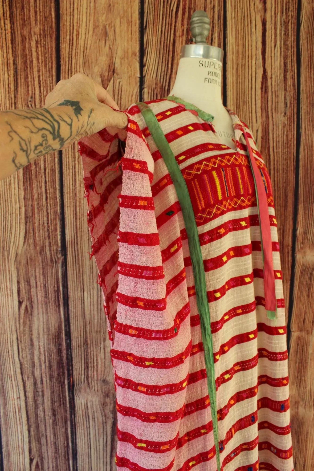 Vintage Red White and Green Guatemalan Huipil Tunic or Dress