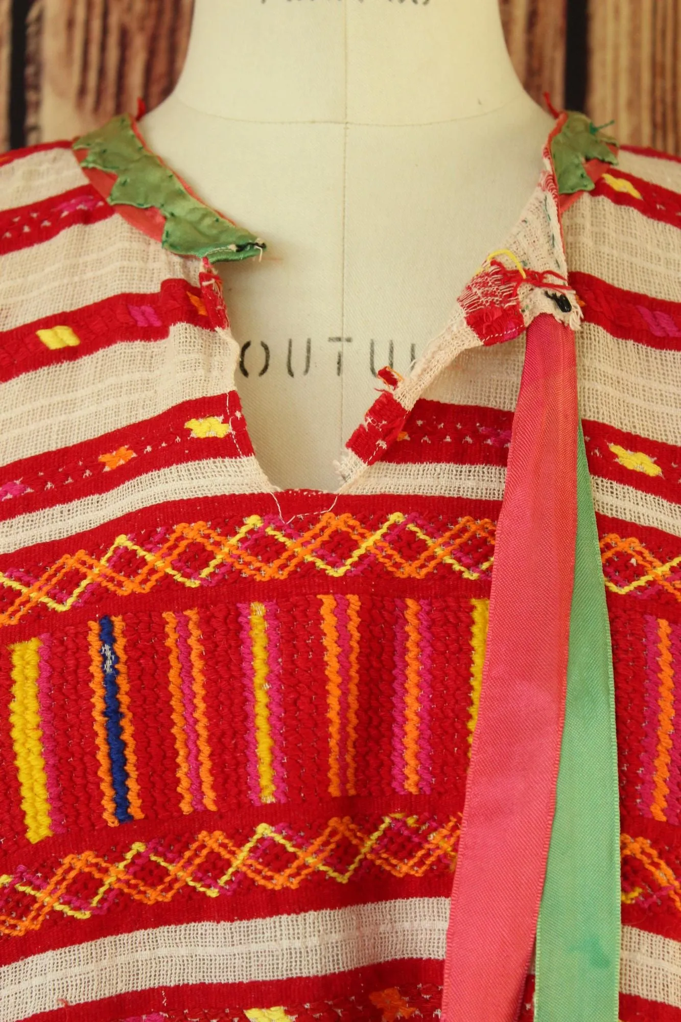 Vintage Red White and Green Guatemalan Huipil Tunic or Dress