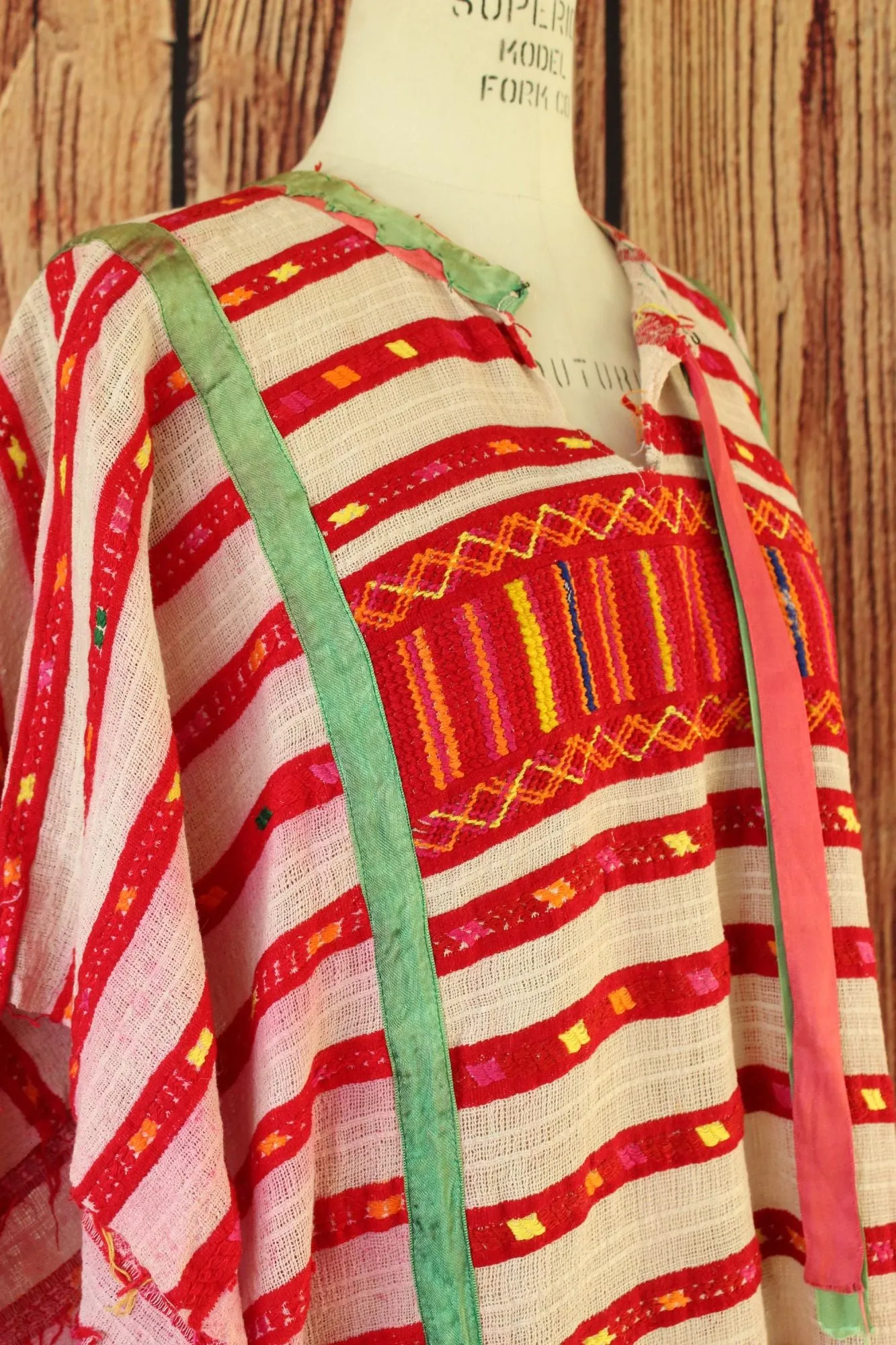 Vintage Red White and Green Guatemalan Huipil Tunic or Dress