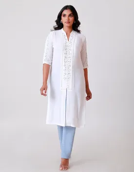 White Chinese Collar Embroidery Kurtha