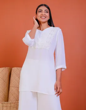 White Georgette Lace Work Kurtha