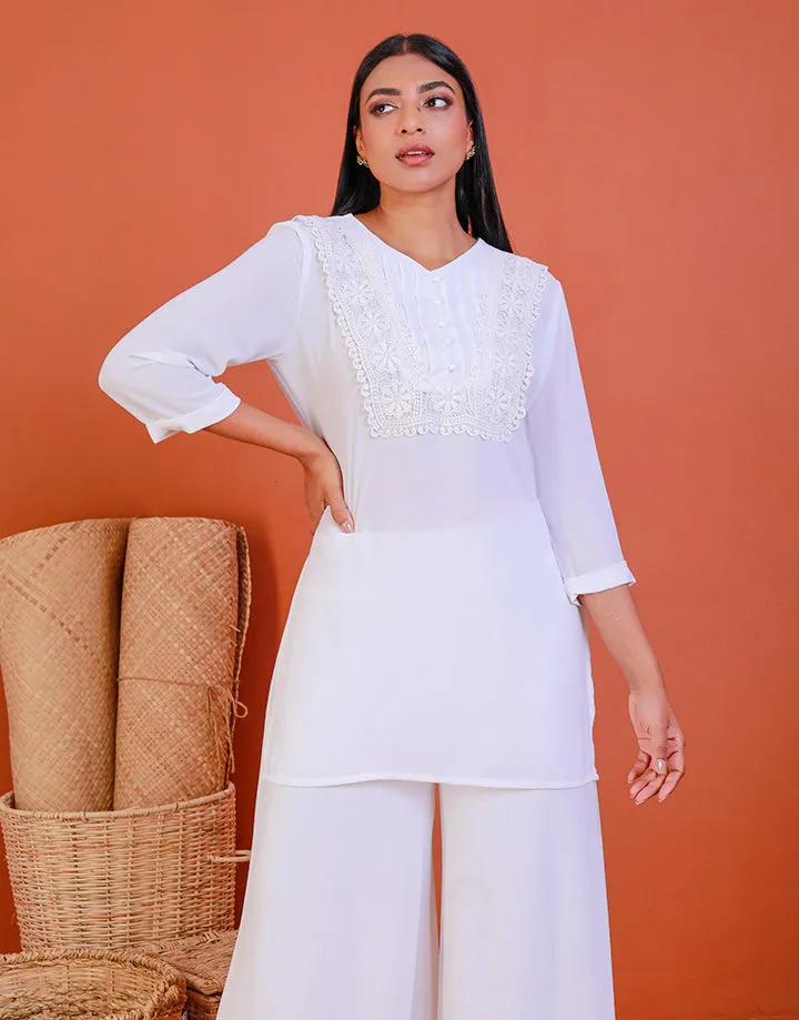 White Georgette Lace Work Kurtha