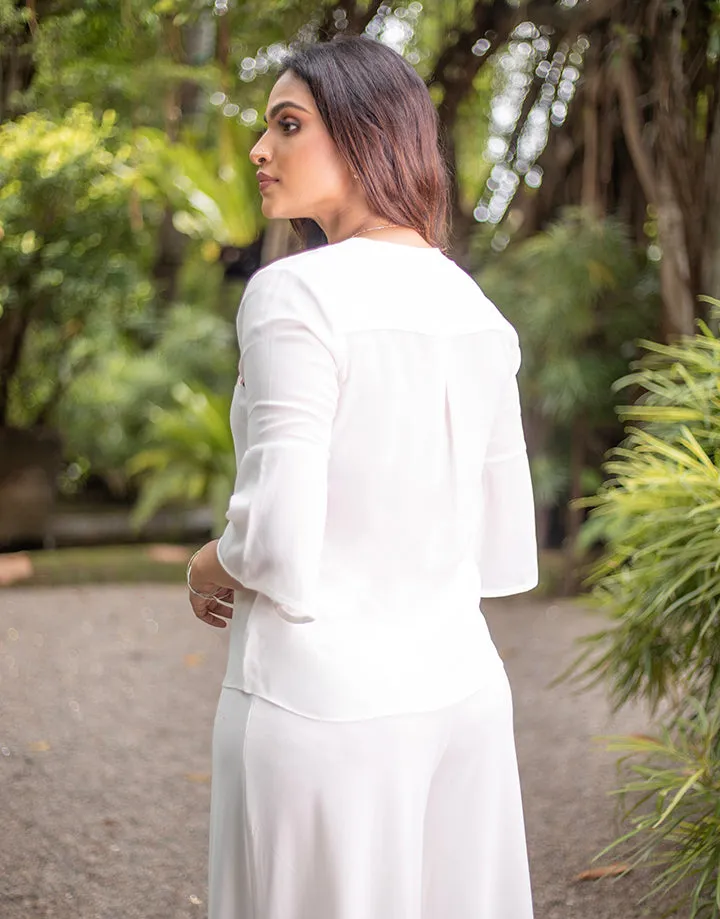 White Round Neck Top with Embroidered