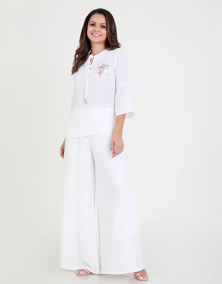 White Round Neck Top with Embroidered