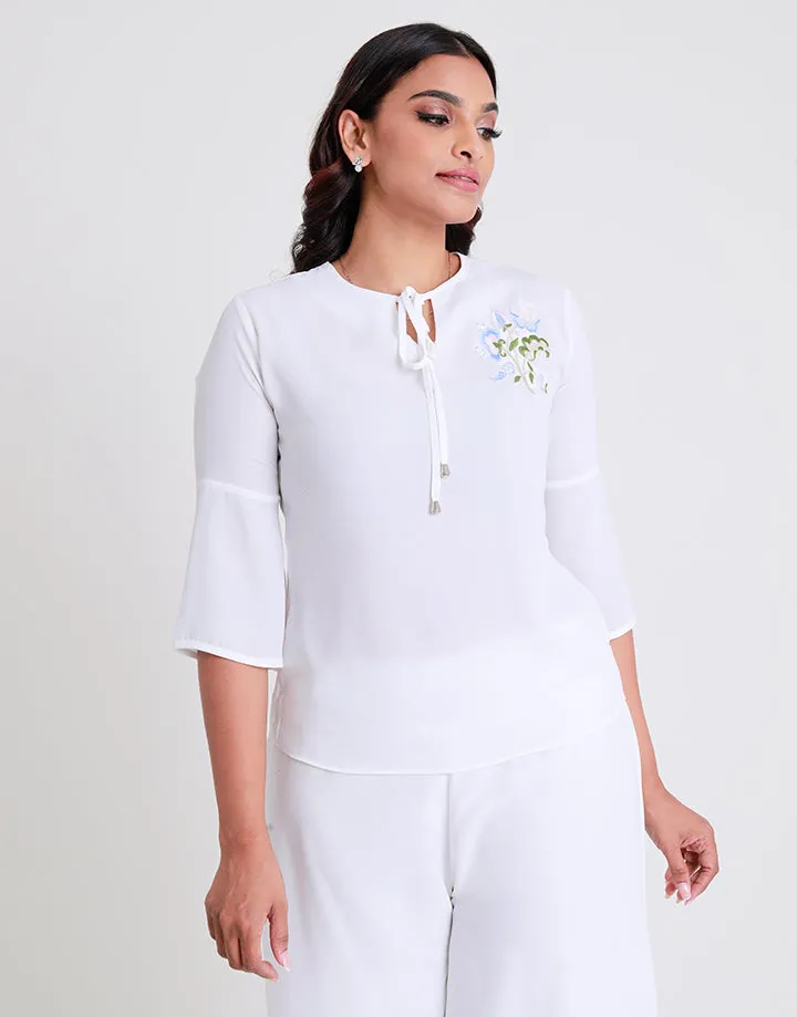 White Round Neck Top with Embroidered