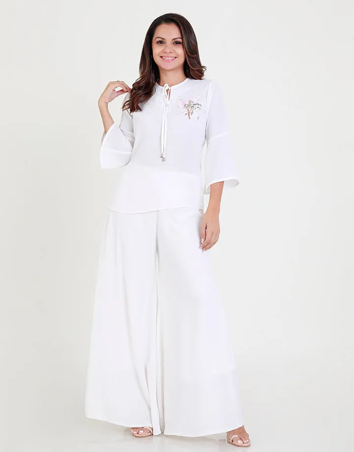 White Round Neck Top with Embroidered
