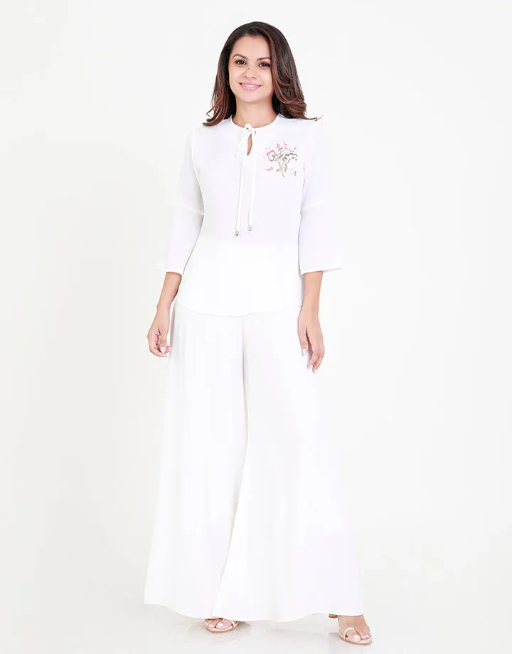 White Round Neck Top with Embroidered
