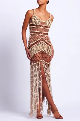 Wood and Crystal Beaded Gown