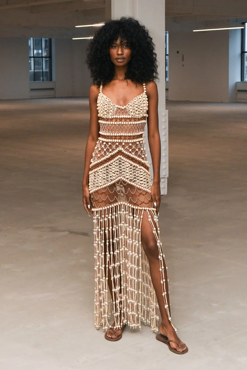 Wood and Crystal Beaded Gown