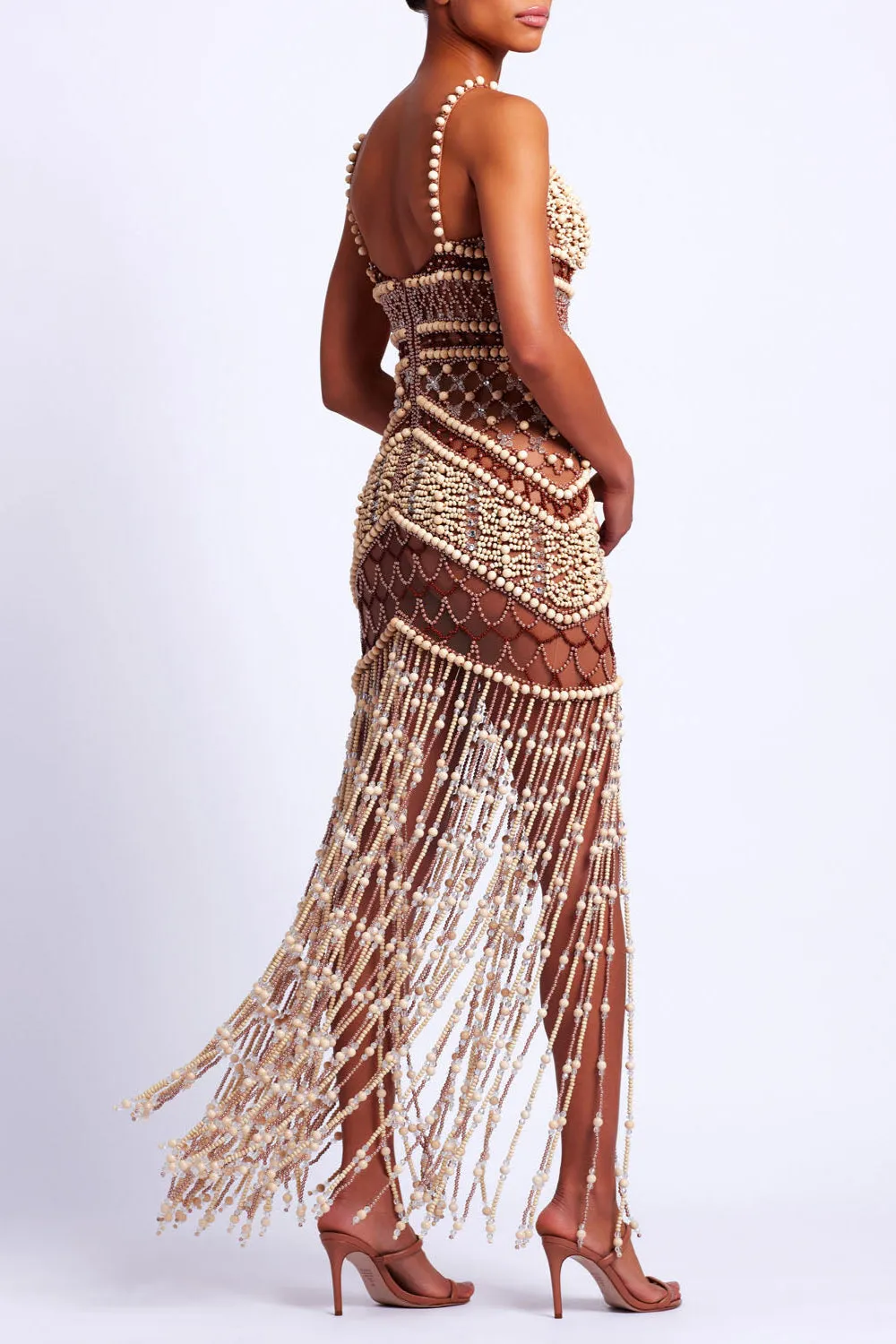Wood and Crystal Beaded Gown